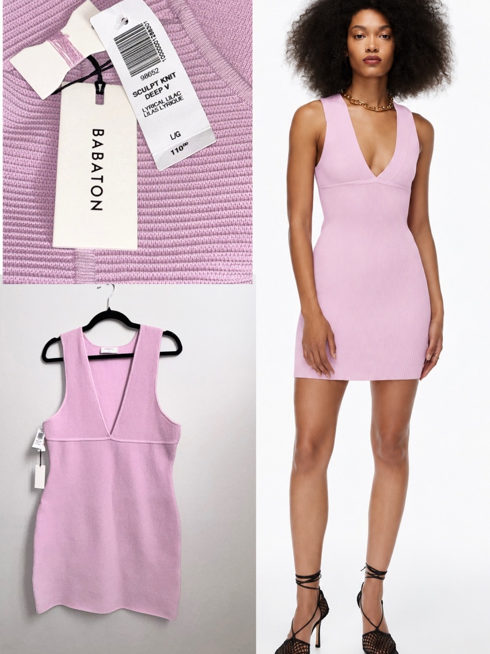 NWT Aritzia Babaton Ribbed Sculpt Knit Deep V Dress in Lyrical Lilac Size Large